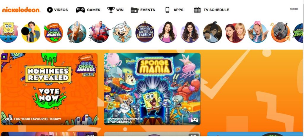 Nickelodeon homepage to watch cartoons online for kids