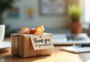 A small, ribbon-wrapped gift box on an office desk featuring a "Thank you for your hard work!" gift tag.
