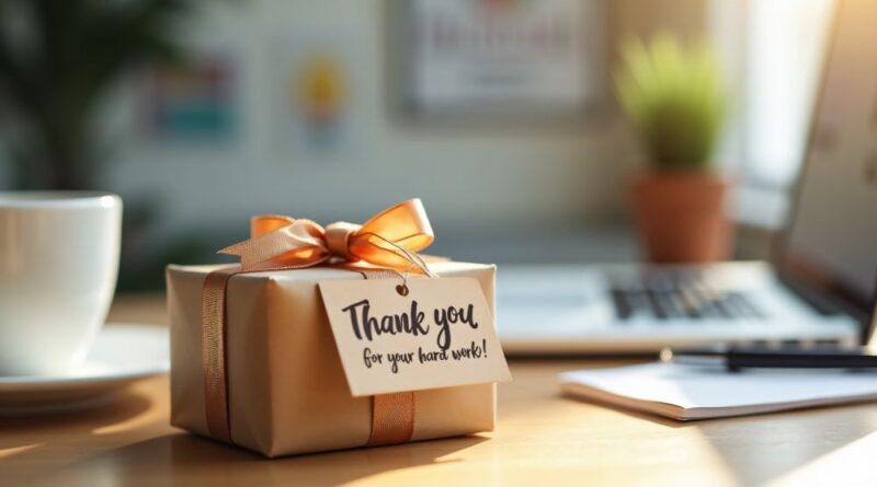 A small, ribbon-wrapped gift box on an office desk featuring a "Thank you for your hard work!" gift tag.