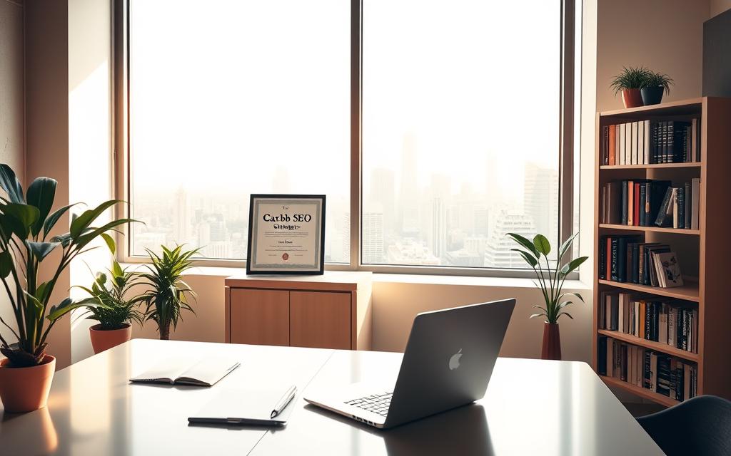 A serene, well-lit office space with a warm, inviting atmosphere. In the foreground, a sleek, modern desk with a laptop, some stationery, and a potted plant. The middle ground features a bookshelf filled with books on digital marketing and SEO, along with a framed certificate showcasing "Cgarbb SEO Strategies" expertise. The background depicts a large window overlooking a cityscape, bathed in soft, natural light. The overall composition conveys a sense of professionalism, expertise, and a focus on optimizing online visibility.