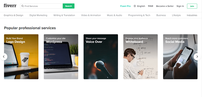 Fiverr top freelancing sites in India hompage 