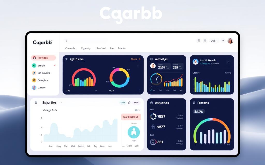 A sleek, modern dashboard for the Cgarbb goal-tracking website, displaying key metrics and progress bars against user-defined objectives. The foreground features a clean, minimalist interface with intuitive data visualization elements - colorful graphs, stats, and circular gauges. The middle ground includes interactive widgets for managing tasks, setting deadlines, and monitoring habit streaks. In the background, a soft, blurred gradient creates a sense of depth, with faint icons and UI elements hinting at the broader Cgarbb ecosystem. The overall aesthetic is one of simplicity, focus, and empowerment, capturing the essence of the Cgarbb platform in helping users achieve their goals.