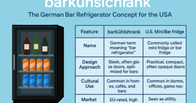 Comparison chart of barkÿhlschrank versus U.S. mini fridge showing design, cultural use, energy efficiency, and market perception.